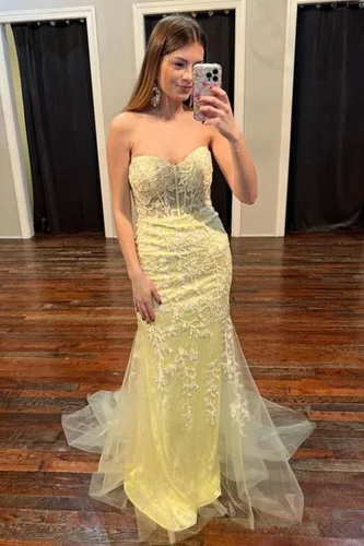 Vista 4 de Elegante vestido de fiesta de encaje largo sin tirantes, vestido de noche formal para mujer, vestido de fiesta RO119