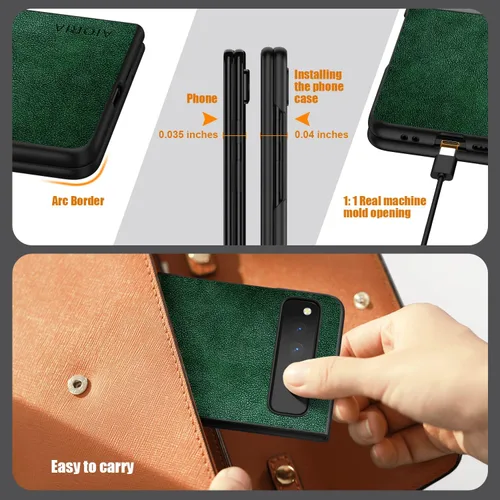 Vista 4 de Funda para Google Pixel Fold, funda de cuero premium para teléfono con diseño retro para Google Pixel Fold 5G (verde)