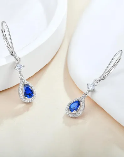 Vista 3 de Aretes colgantes de cristal para mujer, aretes Guesma de 0.236 x 0.157 pulgadas, diseño de lágrima, piedra natal creada, plata esterlina 925, aretes