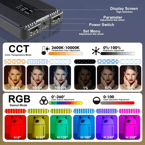Vista 4 de IVISII Luz de cámara RGB de bolsillo G2, batería recargable integrada de 7200 mAh 360°, gama a todo color, 9 efectos de luz, panel de luz de video