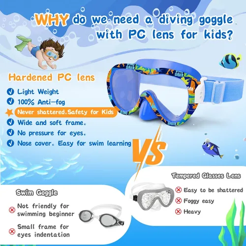 Vista 5 de Gafas de natación para niños con cubierta para la nariz, máscara de esnórquel panorámica de 180° con diseño antivaho y antifugas, correa de tela