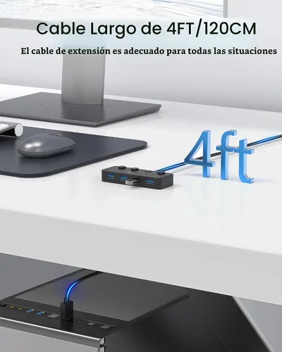 Vista 5 de Aceele Hub USB 3.0 con interruptores de alimentación LED individuales y puerto de alimentación tipo C, divisor USB multipuerto 3.0 con cable de 4