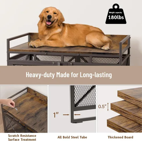 Vista 3 de COZPAW Jaula para perros de 48 pulgadas con ruedas, marrón Perrera extra grande para perros XL, mesa auxiliar de madera con barandilla, marco