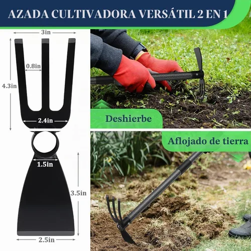 Vista 2 de Herramienta multiusos de azada de jardín, resistente ajustable (16 a 30 pulgadas) con mango ergonómico, acero recubierto antioxidante