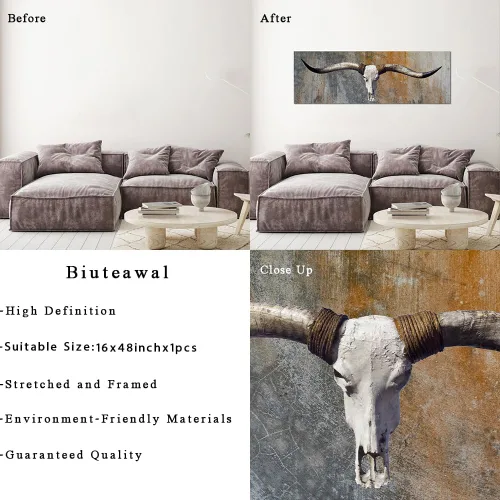 Vista 6 de Biuteawal Lienzo vintage de cráneo de toro, arte de pared con cabeza de cuerno largo, cráneo, pintura de bisonte, vaca, vida silvestre, obra de arte