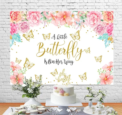 Vista 4 de Telón de fondo de mariposa para baby shower, con texto en inglés "A Little Butterfly is On Her Way", fondo de baby shower, fondo de mariposa floral