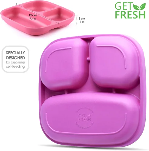 Vista 3 de GET FRESH Bamboo Kids - Juego de 2 platos divididos con 3 compartimentos para comidas infantiles, vajilla reutilizable