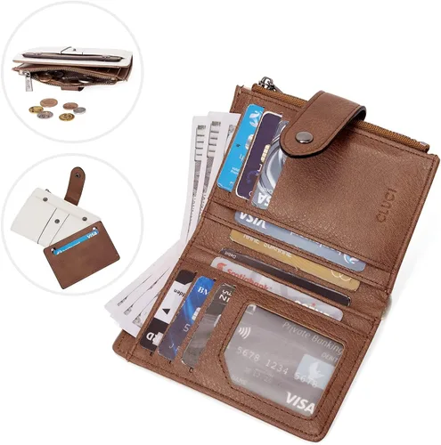 Vista 4 de CLUCI Cartera pequeña para mujer, de cuero, plegable, multitarjeta, organizador de diseñador, moneda con cremallera y ventana de identificación