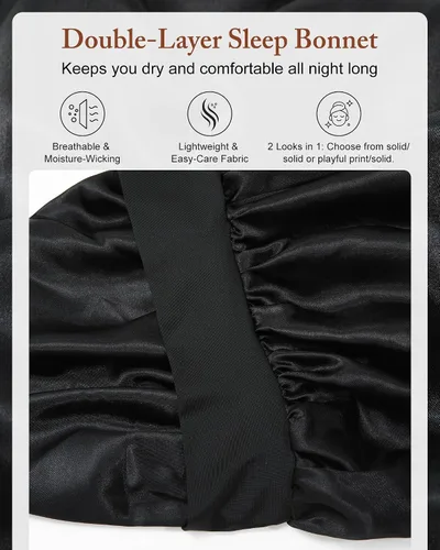 Vista 3 de AWAYTR Gorro largo de satén para mujer, gorro de seda elástica de doble capa para trenzas, gorro de dormir con banda de amarre (negro)