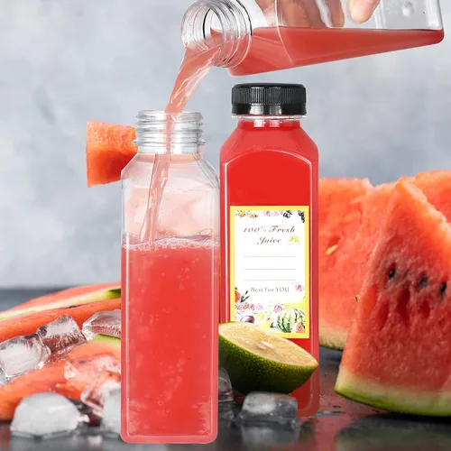 Vista 4 de DANALLAN 24 botellas vacías de jugo de 12 onzas con tapas, botellas de plástico reutilizables de primera calidad, contenedor de jugo, tapas negras