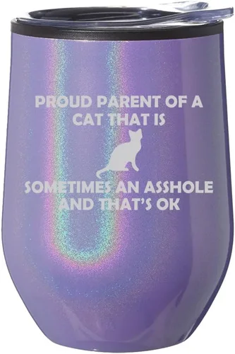 Vista 4 de Vaso de vino sin tallo, taza de viaje de café con tapa, regalo orgulloso para padres y gatos divertidos (purpurina azul)