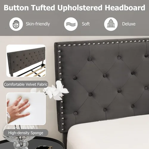 Vista 6 de KOMFOTT Base de cama tapizada tamaño matrimonial, base de cama de plataforma con cabecera copetuda y estribo acolchado suave, base de colchón