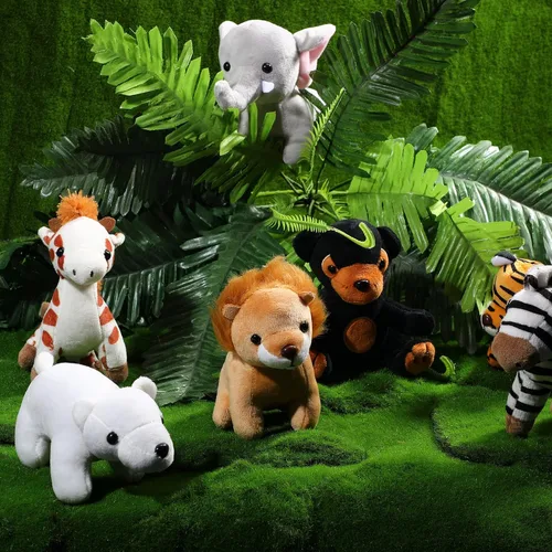 Vista 5 de Juego de 7 animales de peluche de safari de 4.72 pulgadas de la selva, incluye jirafa, tigre, león, oso, elefante, cebra, para fiestas temáticas