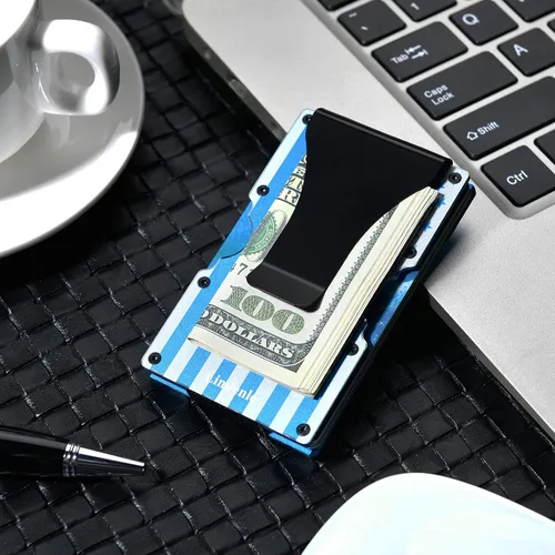 Vista 5 de Cartera minimalista pequeña tarjetero delgado bolsillo frontal cartera RFID bloqueo clip dinero mujeres hombres, Y_Bandera azul, Minimalista