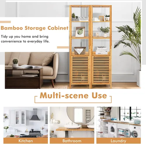 Vista 9 de LOKO Gabinete alto de bambú, gabinete de almacenamiento estrecho para baño con estantes de 3 niveles y puerta de obturador, gabinete de torre
