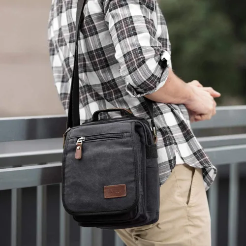 Vista 7 de XINCADA Bolso de mensajero para hombre, bolso de hombro de lona, bolso de viaje, bolso cruzado para el trabajo, negocios, Carbón negro