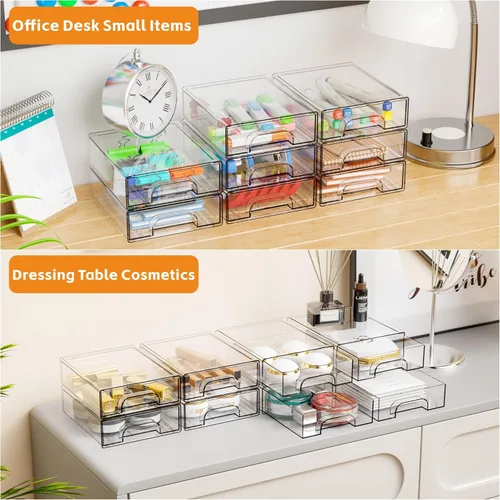 Vista 4 de Yieach Cajones de almacenamiento apilables transparentes de 2.2 pulgadas de alto, paquete de 4 cubos de organización y almacenamiento, organizador