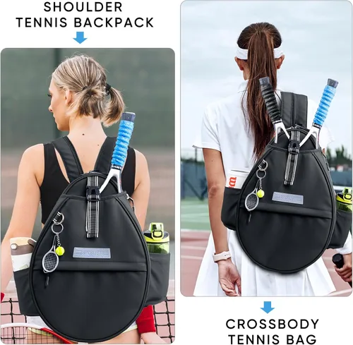 Vista 2 de Mochila de Tenis con Soporte para 2 Raquetas, Bolsa de Raqueta de Tenis de Cuero PU Resistente al Agua para Mujeres y Hombres, Mochila Deportiva