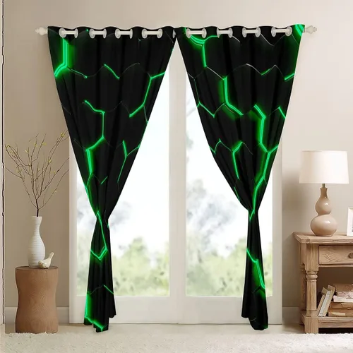 Vista 5 de Feelyou - Cortinas de ventana en forma de panal, tema geométrico hexagonal con luces de neón verdes, para chicos adolescentes y hombres, elegante