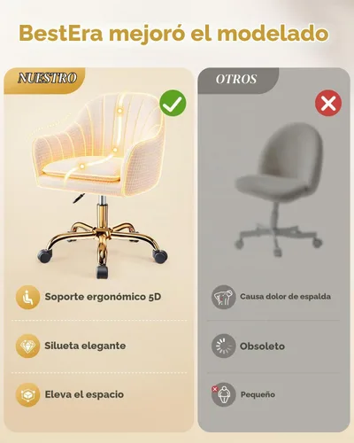 Vista 5 de Silla de tocador con ruedas, silla de oficina en casa chapada en titanio dorado, 300 libras, moderna silla giratoria de terciopelo para maquillaje
