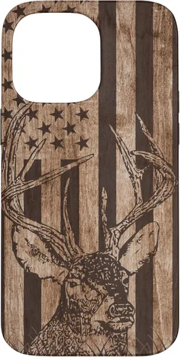 Vista 21 de Funda de madera para iPhone 16 con diseño de ciervo de cola blanca para caza cazador de bandera estadounidense