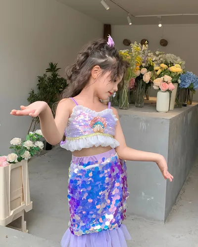 Vista 3 de Falda de sirena para niña, disfraz de cola de lentejuelas brillantes