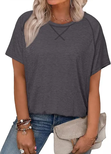 Vista 11 de Eytino Blusas de talla grande para mujer, cuello en V, manga corta, a rayas, casual, holgada, con bolsillo (1X-5X)