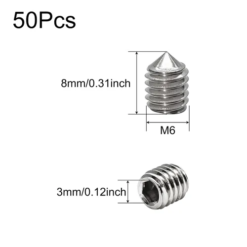 Vista 2 de Juego de 50 tornillos hexagonales internos M6x8mm Tornillos Grub Point Cone Point 304 Tornillo de acero inoxidable, tornillo de agarre de punto
