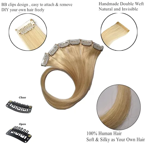 Vista 3 de Extensiones de cabello humano con clip, de 18 pulgadas, rubio decolorado, 100% real, extensiones de cabello con clip para mujer, 6 piezas de cabello