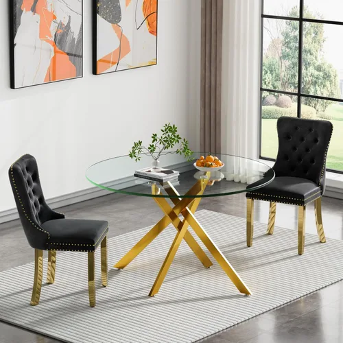 Vista 53 de Juego de mesa de comedor de cristal plateado moderno de 47 pulgadas para 2, juego de mesa de comedor de cocina redonda de 3 piezas con patas