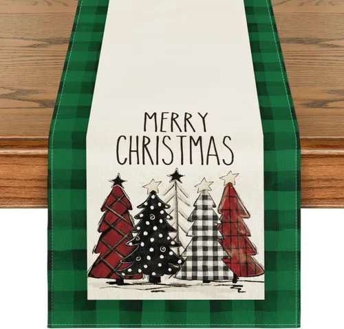 Vista 10 de Artoid Mode Acuarela a Cuadros Buffalo Árboles de Navidad Feliz Navidad Camino de Mesa, Decoración de Mesa de Cocina y Comedor de Temporada