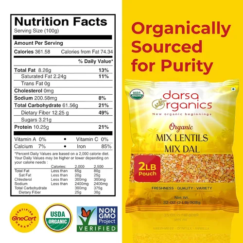 Vista 2 de Darsa Organics Lentejas mixtas (Panchratna Dal) 2 libras USDA Orgánico, sin OMG, Kosher Superalimento rico en proteínas y fibra Ideal
