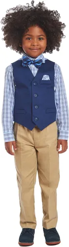 Vista 11 de Nautica Conjunto de traje formal de 4 piezas para niños con chaleco, pantalones, camisa de vestir con cuello y corbata Lino Azul