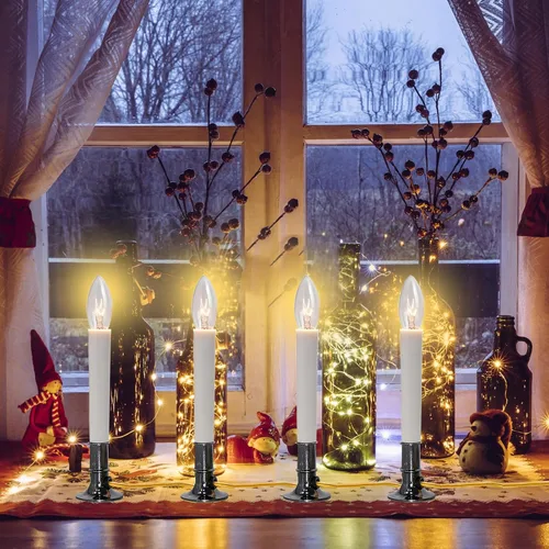 Vista 5 de Paquete de 4 Lámparas de Vela Eléctrica para Ventana con Base Chapada en Peltre, Luz de Vela de Ventana de Navidad, Interruptor