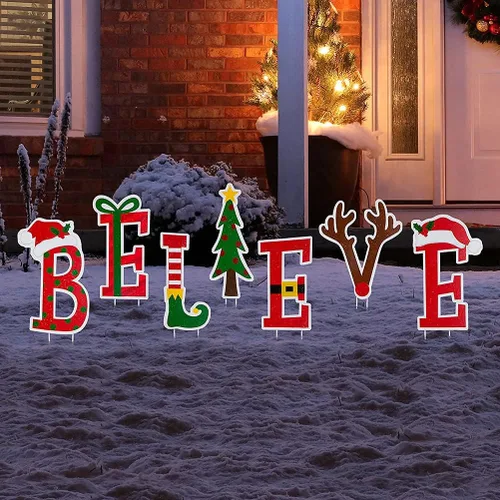 Vista 3 de Glitzhome 7 juegos de estacas navideñas Believe para patio, adornos de jardín de metal de 23 pulgadas de alto, decoración de pared para decoraciones