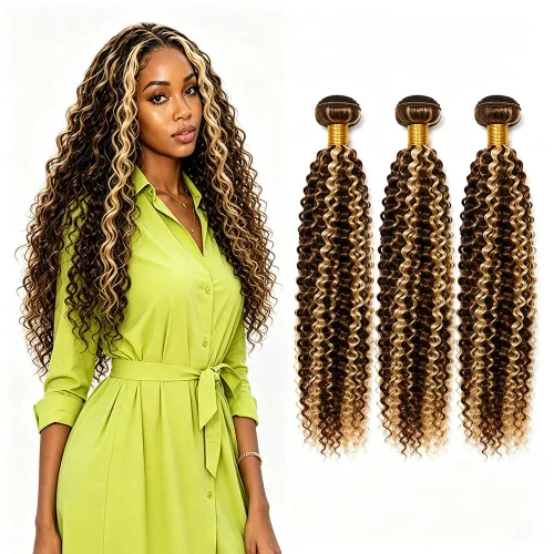 Vista 258 de P4613 Cabello humano rizado onda profunda marrón y paquetes mixtos 8 10 12 P4613 Ombre Marrón-Rubio-DP