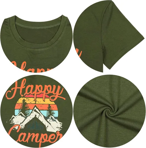 Vista 4 de Camiseta con la leyenda Happy Campers para mujer divertida y linda camiseta gráfica de manga corta con letras impresas, camisetas casuales