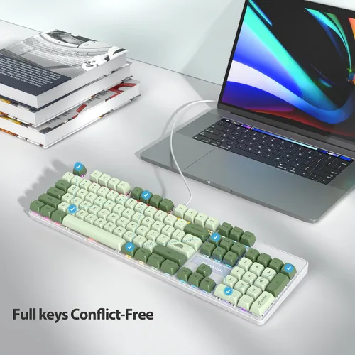 Vista 5 de Fogruaden Teclado mecánico, matcha verde, teclado USB con cable de 104 teclas RGB retroiluminado para juegos con teclado numérico, interruptores