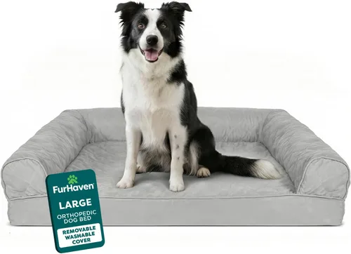 Vista 27 de Furhaven - Cama ortopédica para perros, estilo sofá, acolchada, con funda extraíble y lavable, marrón tostado, tamaño jumbo (XL)