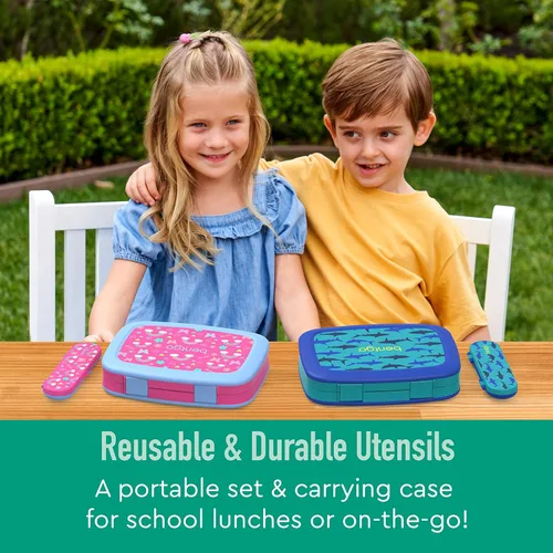 Vista 4 de Bentgo® Kids Prints - Lonchera infantil de 5 compartimentos estilo Bento, con utensilios de plástico reutilizables (tropical)