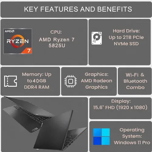 Vista 2 de Lenovo V-Series V15 Gen 4 AMD Ryzen 7 5825U - Laptop empresarial, 16 GB +