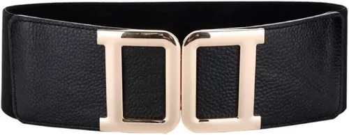 Vista 5 de CB - Cinturón elástico ancho para mujer, cintura alta, cuero auténtico, hebilla de color liso dorado