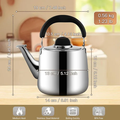 Vista 2 de Hervidor de té, tetera silbante para estufa, tetera de acero inoxidable de 2 cuartos de galón, tetera de inducción para estufa (1.9 L, plateado)