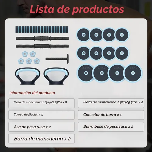 Vista 6 de PASYOU Juego de mancuernas ajustables, juego de pesas 4 en 1 con conector, juego de pesas para entrenamiento, mancuernas, pesas rusas, soporte