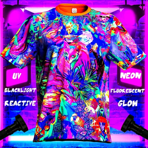 Vista 2 de aofmoka Ultraviolet Fluorescent Handmade Art Neon Blacklight Reactive Print Men T-Shirt