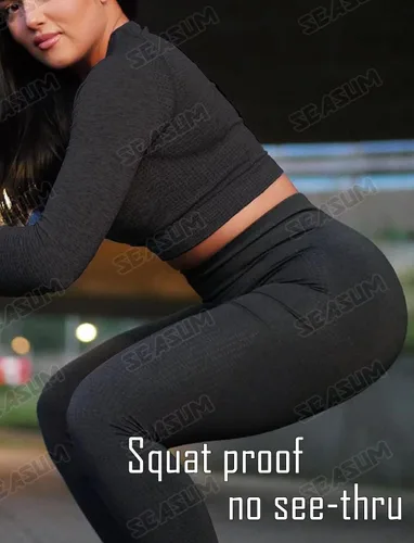Vista 6 de SEASUM Conjuntos de entrenamiento para mujer, cintura alta, sin costuras, lindos leggings de yoga, conjuntos de entrenamiento para mujer, ropa