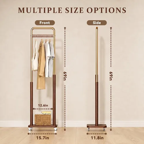 Vista 2 de Brand Perchero de madera maciza con ruedas independiente, entrada dormitorio sala de estar, combinación de madera de metal, ropa ropa bufanda