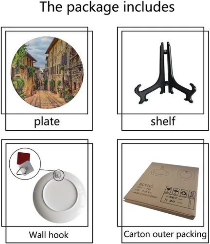 Vista 6 de Plato decorativo colgante de cerámica con temática de paisaje, plato decorativo redondo de plantas en maceta, con soporte decorativo, para sala