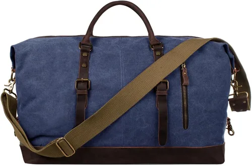 Vista 31 de S-ZONE - Bolsa de viaje de lona sobredimensionada con adornos de cuero genuino, bolsa deportiva de hombro de fin de semana, bolso de fin de semana