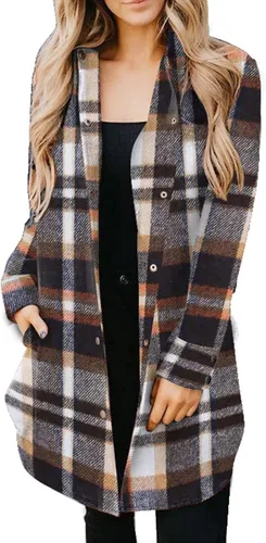 Vista 22 de EVALESS Chamarra Shacket de Cuadros con Bloques de Color para Mujer, Ropa de Otoño, Conjuntos de Moda 1b marrón